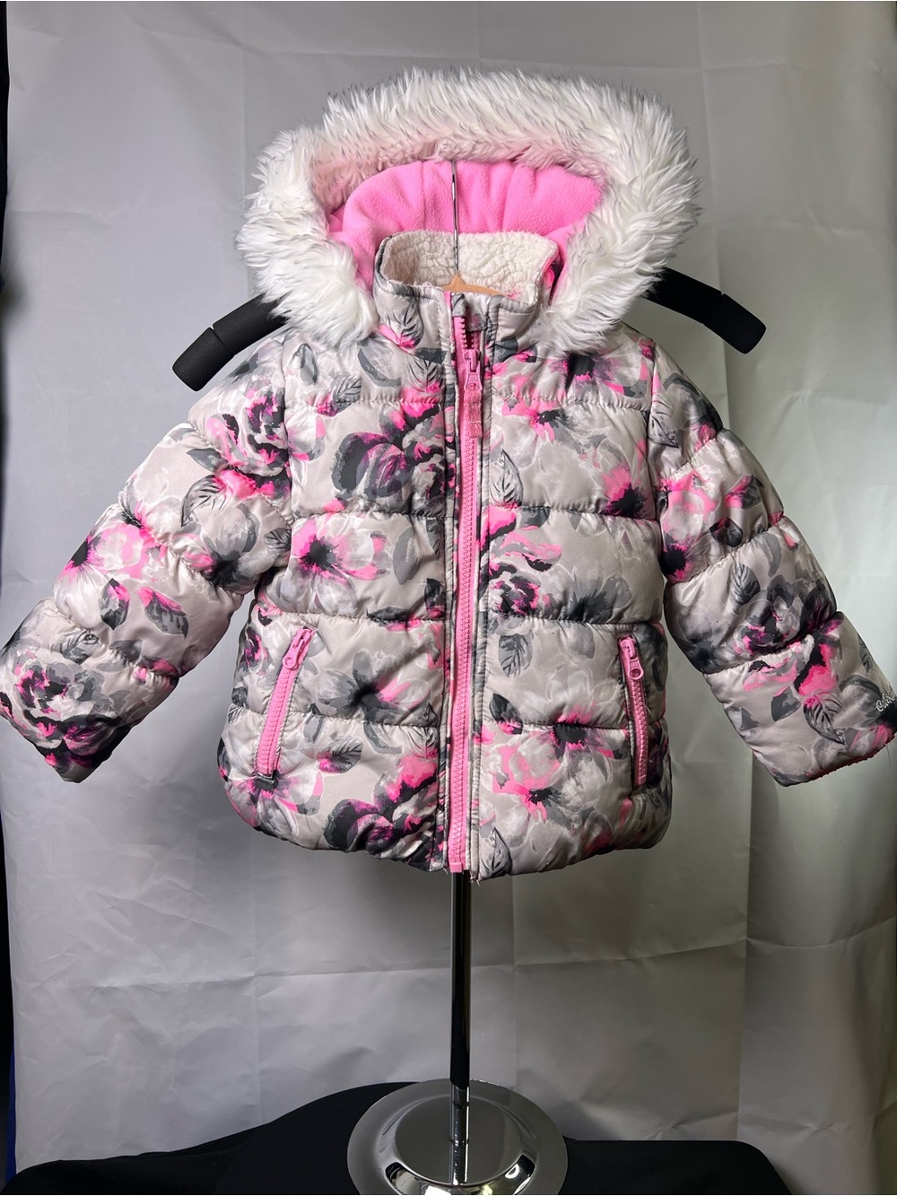 OshKosh B'gosh Pink and Gray Floral Puffer Coat with Faux Fur Hood